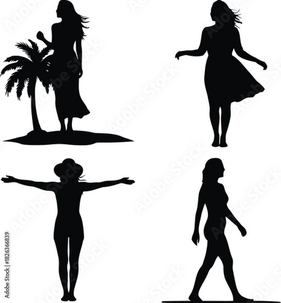 Fototapeta Set of four elegant female silhouettes depicting different postures and styles, from a tropical beach scene to casual walks, isolated on