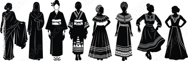 Fototapeta Collection of diverse female silhouettes showcasing traditional costumes from various cultures around the world, isolated on
