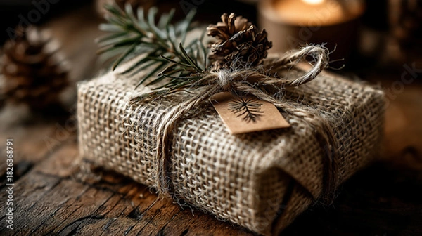 Fototapeta Close up of burlap wrapped gift with pine cone and tag on wooden surface