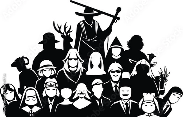 Fototapeta Silhouettes of a large, diverse group of people and fantasy characters, including a wizard and warriors, isolated on