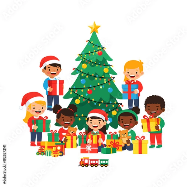 Obraz A diverse group of happy children in Santa hats surround a decorated Christmas tree, holding presents and toys.