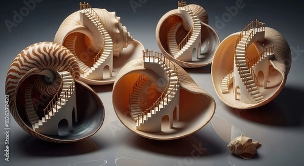 Fototapeta Miniature spiral staircases crafted inside nautilus shells, creating an artistic and surreal display.