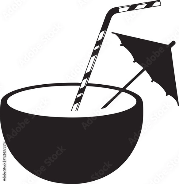 Fototapeta Refreshing tropical coconut drink served in natural shell with striped straw tiny decorative cocktail umbrella silhouette vector illustration