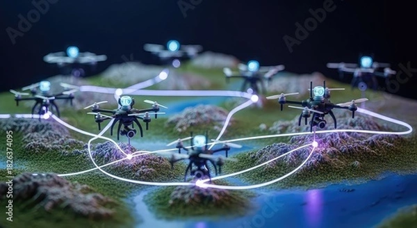 Fototapeta A network of autonomous drones flying over a simulated landscape, connected by glowing data paths, illustrating advanced technology and communication.