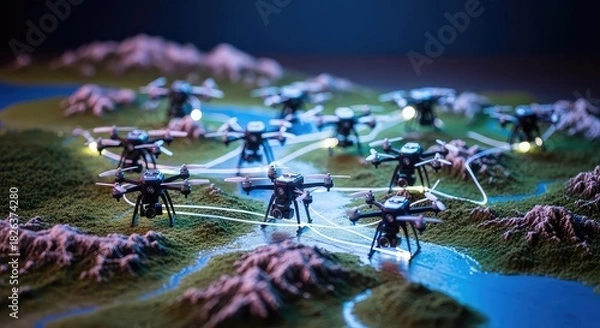 Fototapeta Drones flying over a miniature landscape model with glowing network connections, illustrating advanced aerial technology and strategic operations.