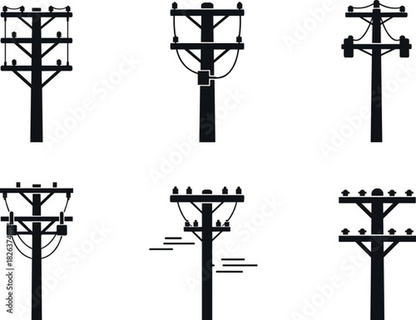 Fototapeta Utility pole silhouettes with wire and insulator configurations, electrical infrastructure diversity, flavector engineering series