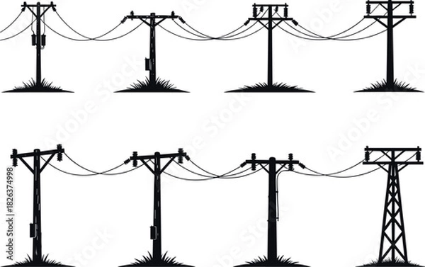 Fototapeta Utility pole silhouettes, electrical wire configurations, infrastructure diversity, power distribution system, rural energy grid, flavector