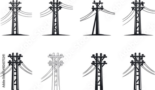Fototapeta Utility pole silhouettes, crossarm variations, electrical infrastructure,  crossarm variations, electrical infrastructure, power line diversity, rural energy grid, flavector