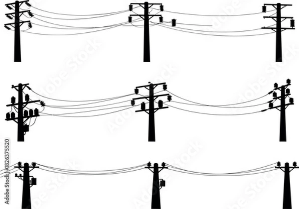Fototapeta Utility pole silhouettes, power lines, electrical infrastructure, transformer design, voltage grid, rural energy system, flavector