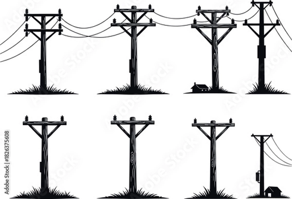 Fototapeta Utility pole silhouettes, rural installation, power lines, electrical infrastructure, transformer setup, suburban grid, flavector