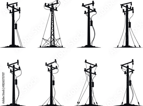 Fototapeta Utility pole silhouettes, structural diversity, wire and insulator configurations, electrical infrastructure, rural grid system, flavector