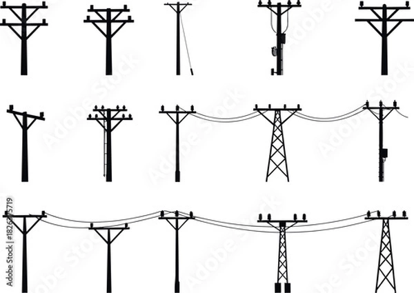 Fototapeta Utility pole silhouettes, structural diversity, transformer and wire configurations, electrical infrastructure, rural grid system, flavector