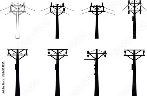 Fototapeta Utility pole silhouettes, structural variations, power line infrastructure, electrical distribution systems, rural energy grid, flavector