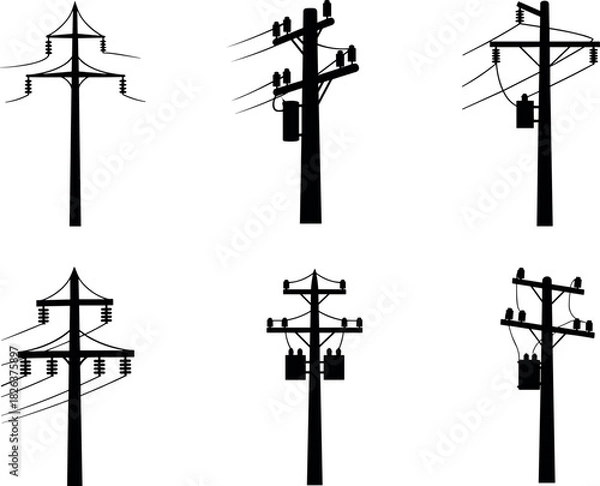 Fototapeta Utility pole silhouettes, transformer and wire configurations, electrical infrastructure diversity, rural power grid, flavector series