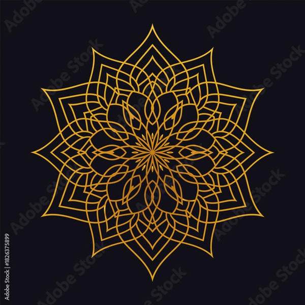 Obraz Intricate golden mandala design with symmetrical patterns on a dark background.