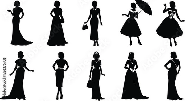 Fototapeta Elegant collection of female silhouettes in diverse dresses and poses, perfect for fashion and design projects, isolated on