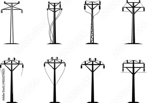 Fototapeta Utility pole silhouettes, wire configurations, electrical infrastructure, power distribution systems, rural energy grid, flavector