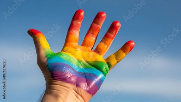Fototapeta Hand Painted with Bright Rainbow Colors Raised Up Against Blue Sky