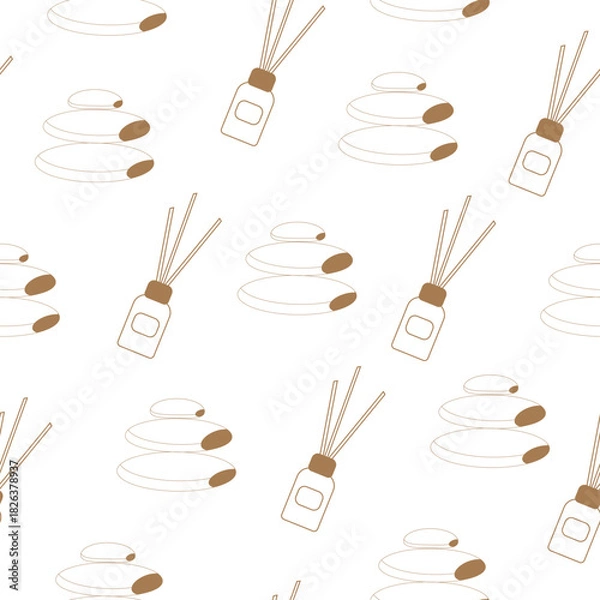 Fototapeta A seamless pattern with a spa and relaxation theme, featuring aroma sticks and massage stones