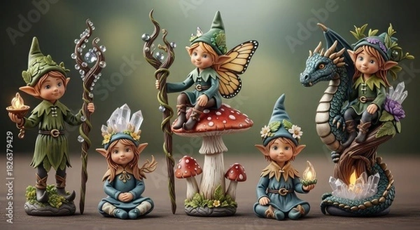 Fototapeta Whimsical collection of fantasy elf and fairy figurines with magical staffs and a dragon.