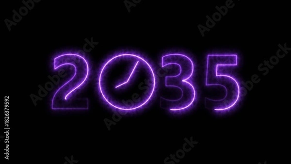 Fototapeta 2035 digital text celebration and Calendar neon bright purple color illustration. Clock icon timer concept on black background. 
