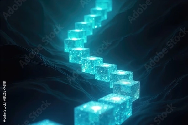 Fototapeta Illuminated blocks create a path in a digital landscape, a representation of technology and data 