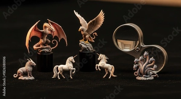 Fototapeta Collection of mythical creature figurines including dragons, unicorns, and an eagle, displayed on a dark background.
