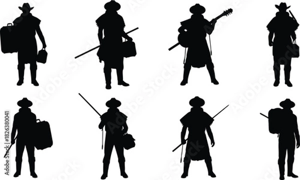 Fototapeta Set of black silhouettes depicting various travelers, adventurers, and minstrels with their gear, isolated on