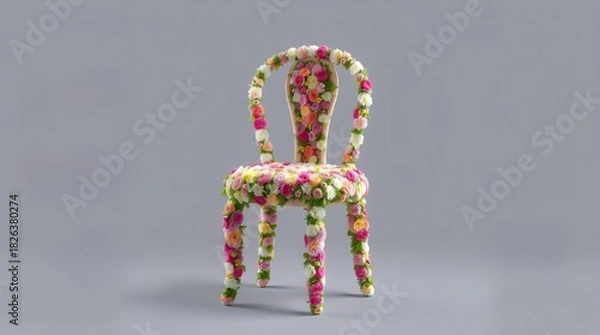 Obraz An elegant chair adorned with colorful flowers, showcasing a unique floral design. The chair blends nature and artistry, demonstrating creativity and design