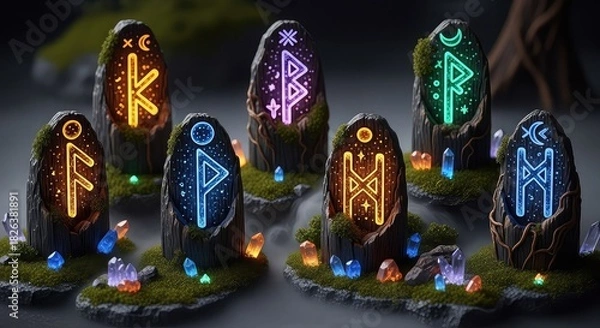 Fototapeta Mystical glowing runestones and crystals arranged on grassy mounds in a magical, misty landscape.