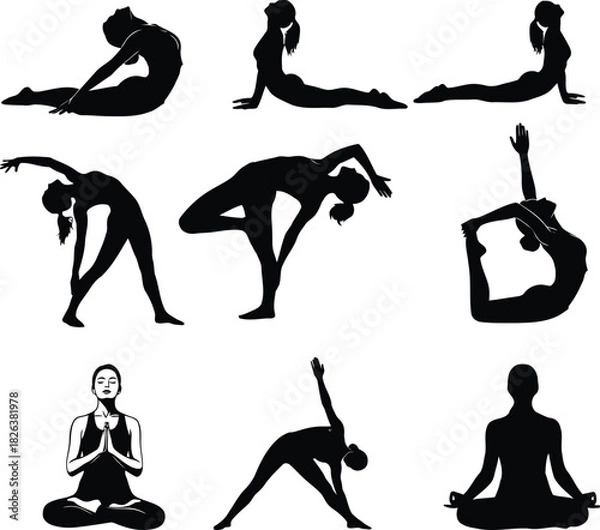 Fototapeta Silhouettes of women in various yoga poses and meditation, symbolizing health, balance, and tranquility, isolated on