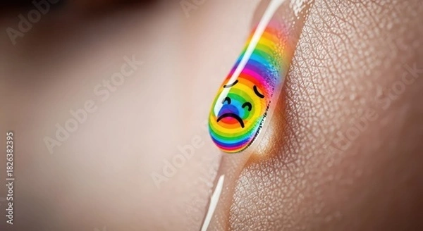 Fototapeta A rainbow-colored tear drop with a sad face emoji falling down human skin, symbolizing sadness and LGBTQ+ emotions.