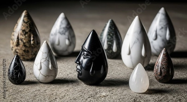 Fototapeta A collection of various teardrop-shaped stone and marble sculptures displayed on a textured surface.