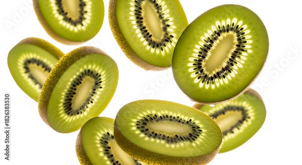 Obraz Multiple Backlit Kiwi Fruit Slices Floating and Falling on White Background