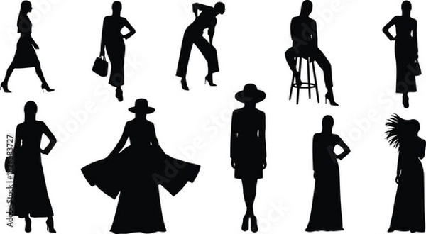 Fototapeta Collection of diverse female fashion silhouettes in various poses, showcasing different styles and movements, isolated on
