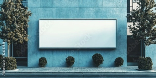 Obraz Blank billboard on blue building with trees and bushes, urban street scene.