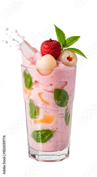 Fototapeta Fresh lychee and raspberry smoothie with basil leaves in a glass, pink fruit drink with splash, perfect for summer refreshment