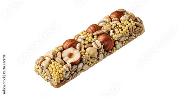 Obraz Healthy granola bar with assorted nuts and seeds isolated on black background, perfect for nutritious snacks