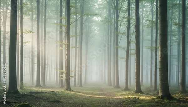 Obraz Foggy Forest with Soft Morning Light