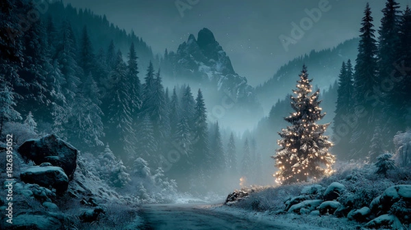 Fototapeta Illuminated christmas tree in a snowy mountain landscape at night time scene