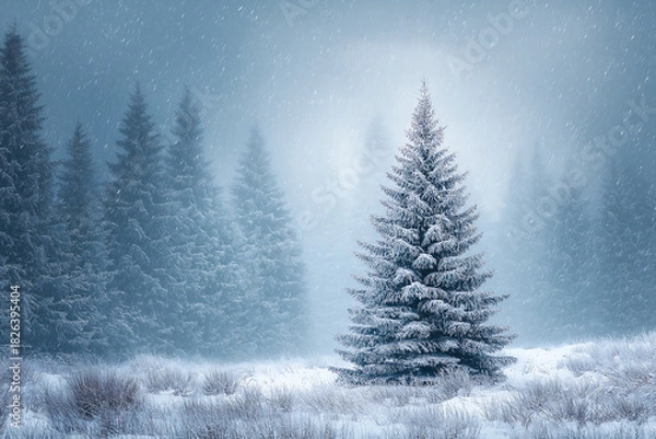 Fototapeta Snowy landscape with evergreen trees and falling snow in a winter scene