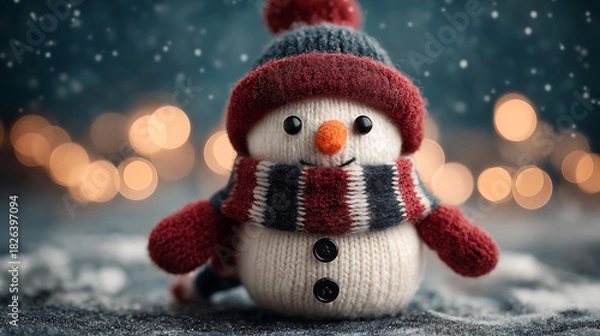 Fototapeta A knitted snowman with a red and blue hat and scarf in a festive setting