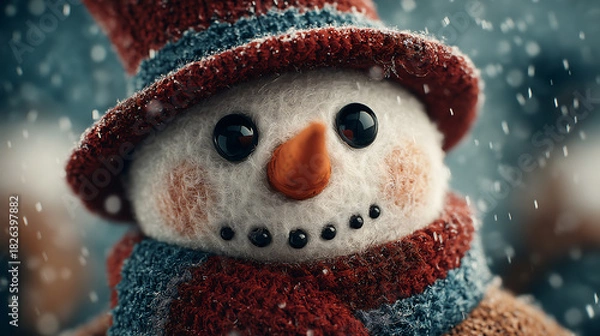 Fototapeta Close up of a cute snowman with a hat and scarf in a snowy environment