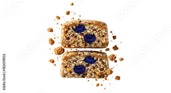 Fototapeta Healthy homemade granola bars with oats, nuts, and blueberries on black background, perfect for snacks and energy boosts