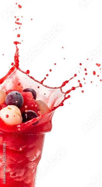 Fototapeta Refreshing mixed berry smoothie with splash and fresh fruits including blueberries, lychee, and cherries perfect for healthy drinks and summer refreshment