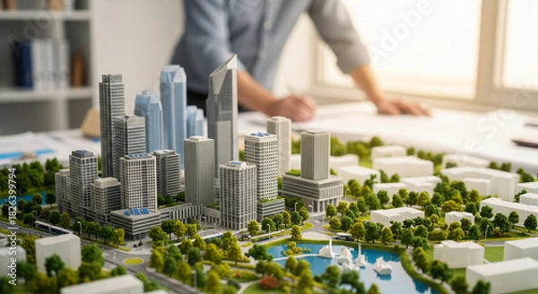 Fototapeta Architectural City Model with Modern Buildings and Creative Copyspace