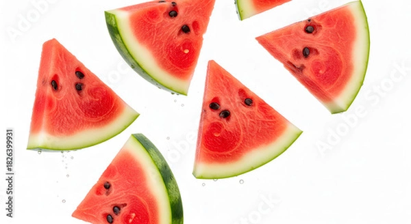 Obraz Triangular Watermelon Slices Falling with Water Drops on White Background