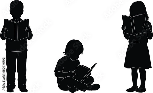 Fototapeta Silhouettes of children reading books, educational learning concept, kids studying quietly, literacy development illustration for school, library, and teaching materials
