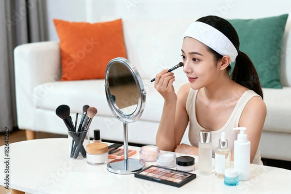 Fototapeta Daily Skincare and Makeup Routine at Home