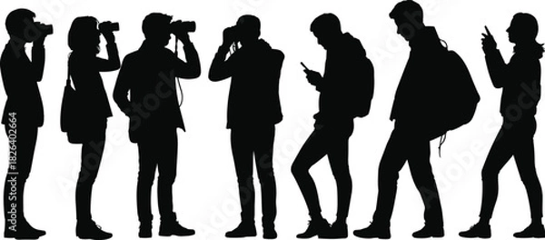 Obraz Silhouettes of people using cameras and smartphones, capturing photos, recording moments, standing in various poses for travel, media, technology, and lifestyle concepts